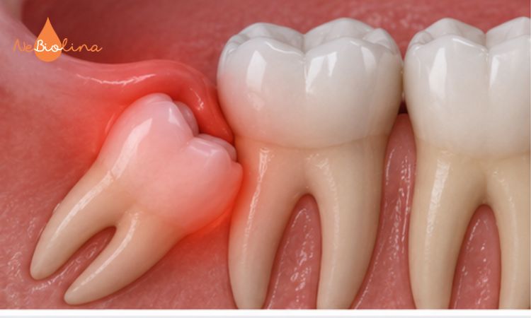 Răng khôn mọc lệch chèn ép gây ảnh hưởng răng số 7 bên cạnh.