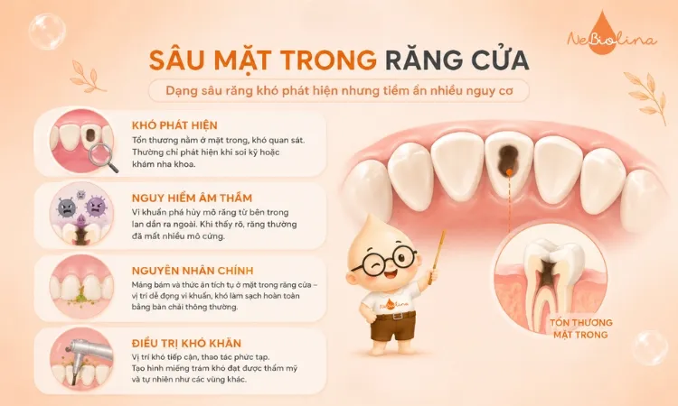 Sâu mặt trong răng cửa khó điều trị hơn vì vị trí tổn thương khó tiếp cận