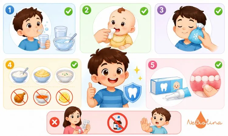 Một số biện pháp chăm sóc tại nhà giúp giảm sưng đau nướu an toàn cho trẻ nhỏ.