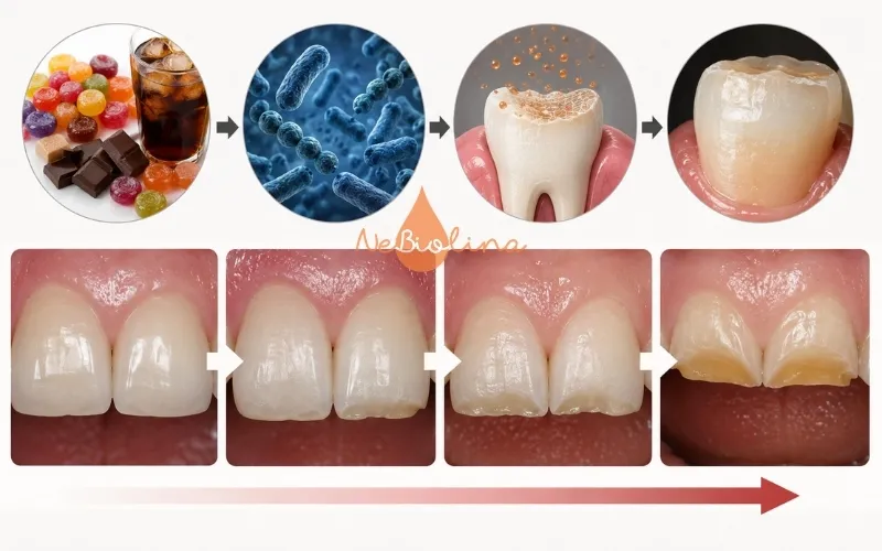 Sún răng do vi khuẩn chuyển hóa thức ăn thừa thành axit gây hại men răng